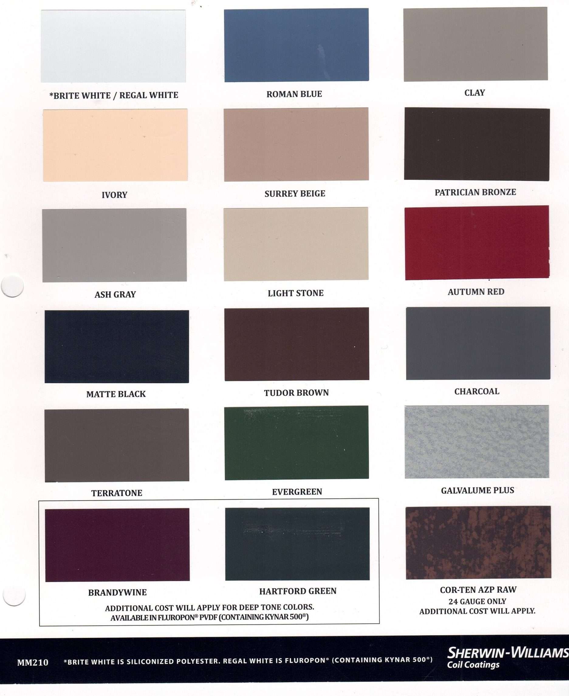 Rectangular metal color chart displaying multiple roof and siding finish options