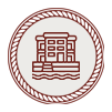 Illustration of a building with stairs in a circular emblem